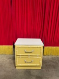 Vintage White & Yellow Painted Wooden Nightstand w/ 2 Drawers & Bamboo Motif. See pics.