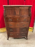 Vintage Tall Boy Dresser w/ Pink Marble Top, 4 Drawers & 2 Cupboards. Stands 54