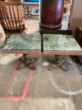Pair of Gorgeous Vintage Green Marble Topped Side Tables w/ Ornate Carvings & Pedestal Legs