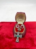 Vintage sterling silver and bronze cross w/ ruby/emerald setting & sterling earring pair