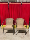 Pair of Modern Black Metal Patio Armchairs w/ Tan Wicker Seats & Backs. See pics.