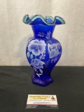 Vintage 75th Anniversary Fenton Vase, Cobalt, handpainted by ML Verbosky