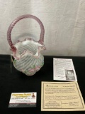 Vintage FENTON Melon Basket in French Opalescent Spiral w/ Dusty Rose Edge, signed by Bill Fenton