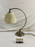 Curved Brushed Brass Desk Lamp w/ Cream Fabric Shade. Tested, works. See pics.
