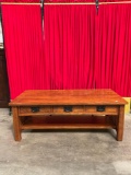 Vintage Wooden Mission Style Coffee Table w/ 3 Drawers & Low Shelf. Measures 49