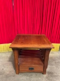 Vintage Square Mission Style Wooden Side Table w/ Drawer & Low Shelf. Measures 28