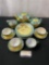 Vintage Japanese Lusterware, Pale green and bright yellow w/ gilt details on the front, 16 pcs