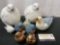 Collection of 9 Bird Figures, marble like pattern, painted carved wood, celadon, Art Glass Seagull