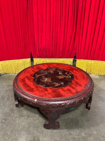 Antique Round Red & Black Lacquered Chinese Table w/ Shell Inlay & Ornately Carved Details. See