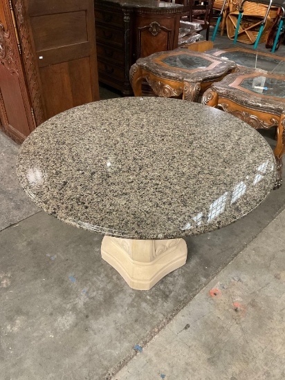 Vintage Round Polished Gray Granite Topped Cement Table w/ Pedestal Base. See pics.