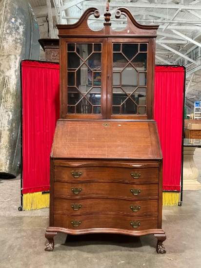 Vintage Maddox Colonial Reproductions Mahogany Curved Front Secretary Desk w/ Display Case. See