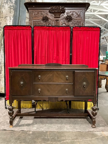 Antique Wooden Side Server w/ 2 Cupboards, 2 Drawers, Unique Woodwork & Brass Drawer Pulls. See