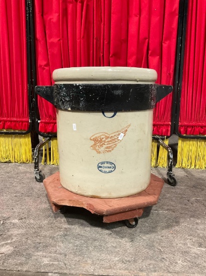 Antique Red Wing Union Stoneware Co. 8 Gallon Crock w/ Carrier & Wheeled Wooden Stand. See pics.