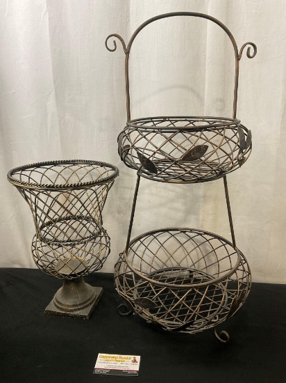 Pair of Vintage Metal Wire Baskets, Double Layer Fruit Basket and Vase like piece