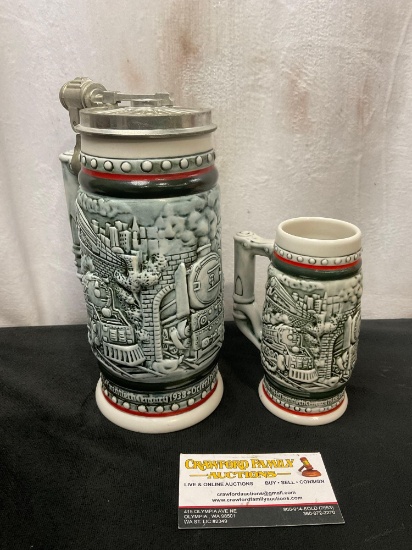 Pair of railroad themed AVON Steins, handcrafted in Brazil, 1982, Larger one w/ pewter lid