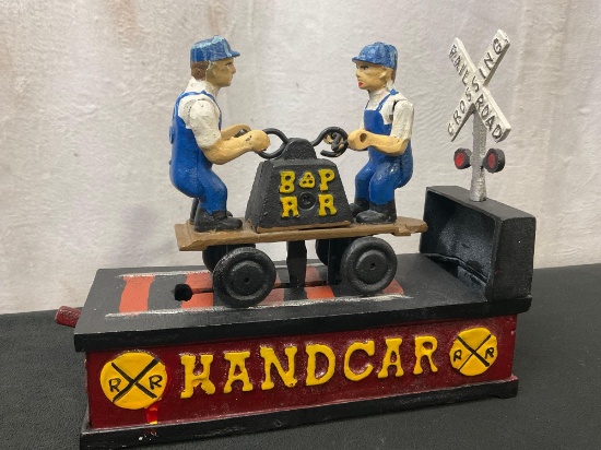 Unique Railroad Handcar Coin Bank, Painted Cast Iron Black and Red