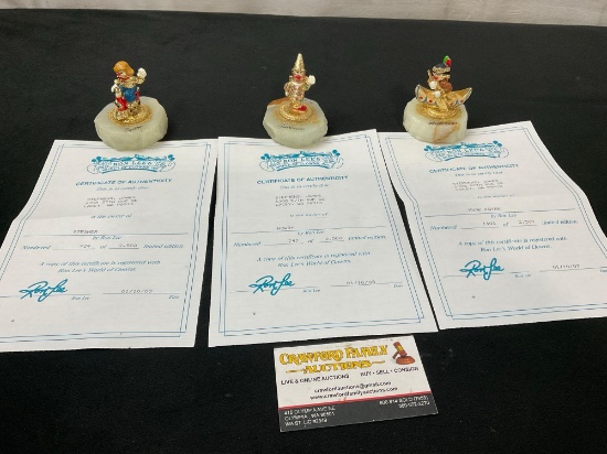 Trio of Small Clown Figures on Stone like bases, signed & #d out of 2500 by Ron Lee