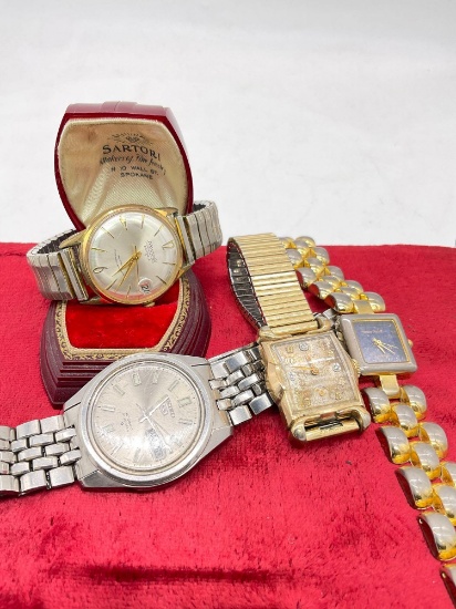 4x vintage mens watches incl. Seiko 5 21j, Amarchand 25 Rubis, Gruen etc see pics