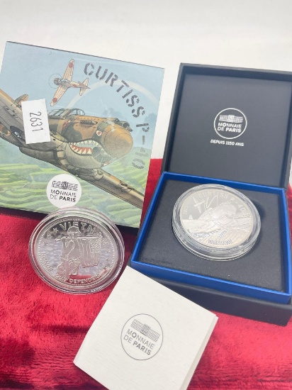 Curtiss P-40 Warhawk Silver proof & Vietnam Bradford Exchange Silver Proof coins with cases