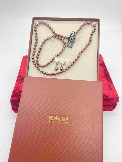 Honora Collection cultured golden pearl and sterling silver necklace and earring set like new in
