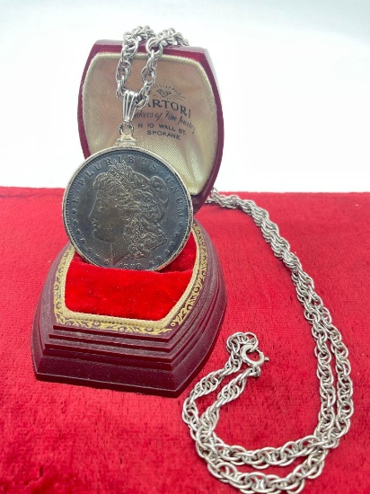 Antique 1889 silver morgan dollar coin in bezel and on sterling chain 47grams ttw