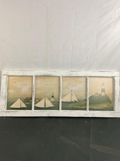 Window motif painting on wood paneling depicting harbor / lighthouse scenery - See pics