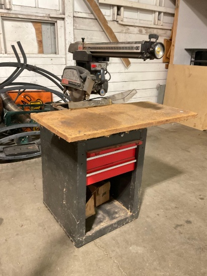 10" Radial Arm Saw w/ Wooden Chopping Block & Metal Table with 2 Drawers - Extra Blades Included