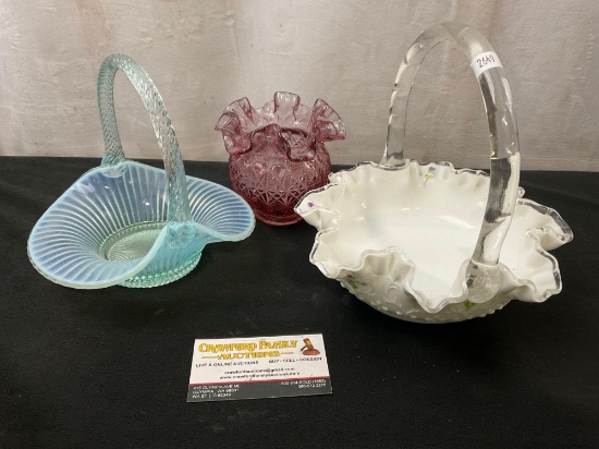 Trio of Fenton Pieces, 2x Frilled Edge Baskets, and one amethyst Vase