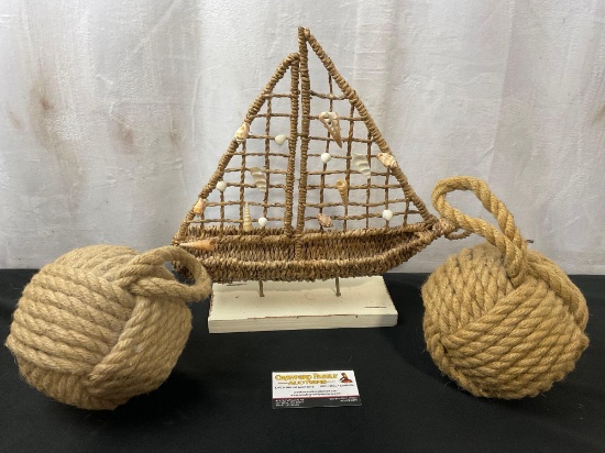 Seashell Boat Sailing Ship Figure & Pair of Nautical Monkeys Fist Knot Decorative Maritime Weights