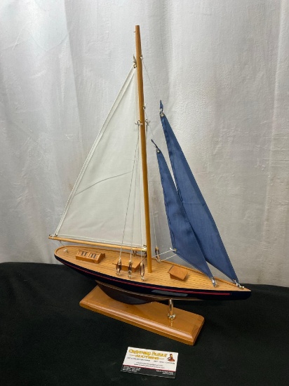 Wooden Ship Figure, Sloop w/ Blue & White sails, 20 inches tall