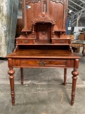 Antique Ornately Carved Wooden Desk w/ Burl Wood Top, Curio Shelves & 3 Drawers. See pics.