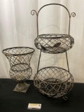 Pair of Vintage Metal Wire Baskets, Double Layer Fruit Basket and Vase like piece