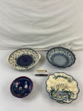 4 pcs Vintage Handmade Polish Ceramic Dish Assortment. Hors D'Oeuvres Tray, 2 Bowls. See pics.