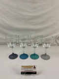 4 pcs Modern Wineglasses w/ Glitter Decorated Bases in Shades of Blue & Silver. See pics.