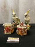 4 Ceramic pieces, Pair of Parakeets figures, Sugar & Creamer by Fitz and Floyd