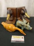 Pair of Brass Beaked Duck Bookends, Wood Carved Goose, & painted Pottery Pig w/ Wings