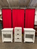 3 pcs Vintage White Wicker Furniture Assortment. Pair of End Tables, Shelf w/ 3 Drawers. See pics.