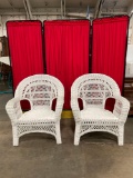 Pair of Vintage White Painted Wicker Patio Armchairs w/ Bead Accents. Measures 30