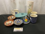 Blue Ikebana Vase & Polish Pottery, butter dish, candle stand, and pair of mugs, Thin tall Vase