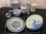 Collection of Blue & White Porcelain, Delft, Currier & Ives, Alfred Meakin, w/ Wooden Tray