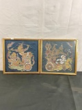 Pair of Gorgeous Vintage Thai Temple Rubbings - One w/o glass - See pics