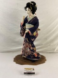 Vintage Handmade Japanese Geisha Doll w/ Dark Blue Kimono, Geta & Wooden Stand. See pics.