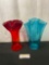 Duo of Frilled Vases, Red and Blue, Handblown Art Glass