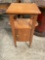 Antique Small Wooden Drinks Stand w/ 2 Tiers, 2 Bottle Holders & Cupboard. Stands 26