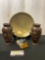 Chinese Etched Brass Dish, Pair of Japanese Bronze Vases and Pewter Carving on Rock