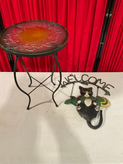 Metal + Colored Glass Plant Stand & Metal Cat Hanging Welcome Sign - See pics