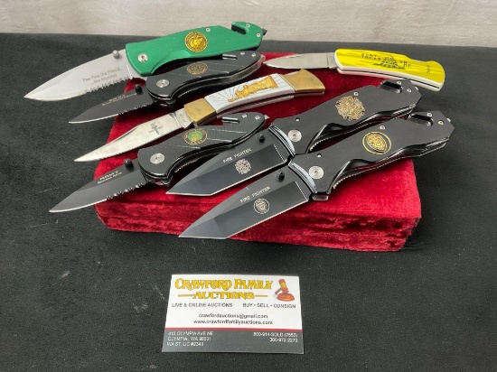Assortment of 7 Knives, Army, Swat, Marines, Firefighter branded Folding Knives