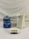 2 pcs Vintage Ceramic Containers. Blue Willow Ringtons Tea Jar & Cream Radisson Pitcher. See pics.