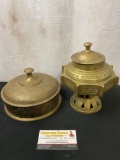 Pair of Indian Handmade Brass Lidded Vessels, Candy Bowl and Footed Compote