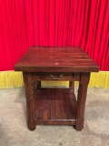 Vintage Bassett Mission Style Wooden Side Table w/ Drawer & Low Shelf. Measures 27